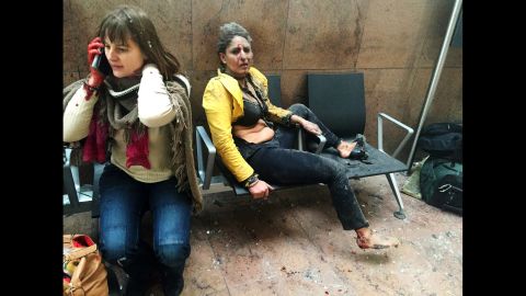 <strong>March 22:</strong> Two wounded women sit in the airport in Brussels, Belgium, after two explosions rocked the facility. A subway station in the city was also targeted in <a href="http://www.cnn.com/2016/03/24/europe/brussels-investigation/index.html" target="_blank">terrorist attacks</a> that killed at least 35 people and injured hundreds more. <a href="http://www.cnn.com/interactive/2016/03/world/faces-of-fear-brussels/" target="_blank">Faces of fear and hope in Brussels</a>