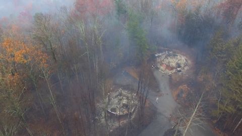 This image, taken Wednesday by a camera from an aerial drone operated by Gatlinburg cabin owner Andrew Duncan, shows cabins destroyed by the Gatlinburg-area wildfire.