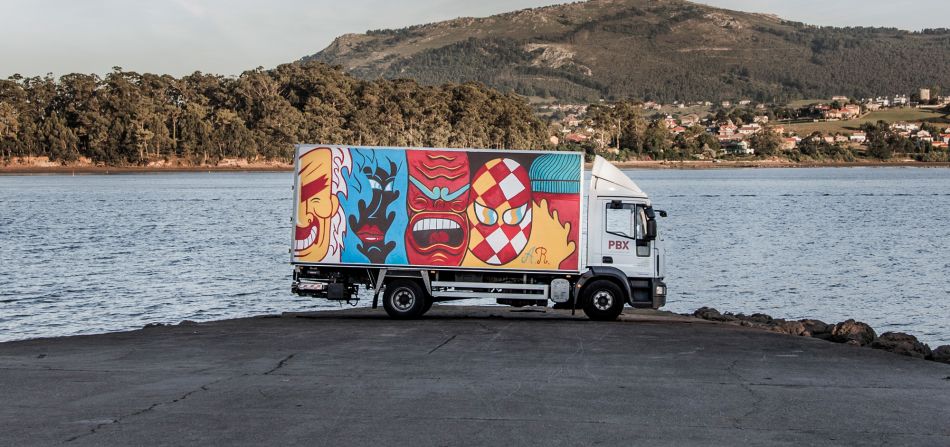 Andi Rivas painted a series of shapes and faces on his truck. The idea was to create an image that could be taken in and understood quickly. 