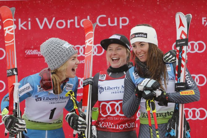 Male and female skiers in the French team train separately, a move implemented within the last few years to enable coaches to spend more concentrated time honing in on strategy, technical abilities, and mental preparation. This includes the likes of Tessa Worley (center), who is seen celebrating her first place finish in the giant slalom event in Killington.