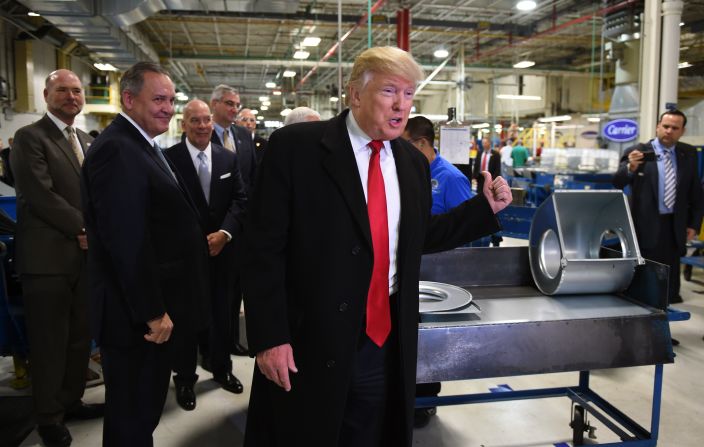 Trump visits the Carrier air-conditioning company in Indianapolis on Thursday, December 1. <a href="index.php?page=&url=http%3A%2F%2Fmoney.cnn.com%2F2016%2F12%2F01%2Fnews%2Fcompanies%2Fdonald-trump-carrier-jobs%2Findex.html" target="_blank">Carrier announced</a> that it had reached a deal with Trump and Vice President-elect Mike Pence, who is currently governor of Indiana, to keep about 1,000 of 1,400 jobs at its Indianapolis plant rather than move them to Mexico. The Carrier plant had been a theme of Trump's campaign promise to prevent more jobs from being outsourced to other countries.
