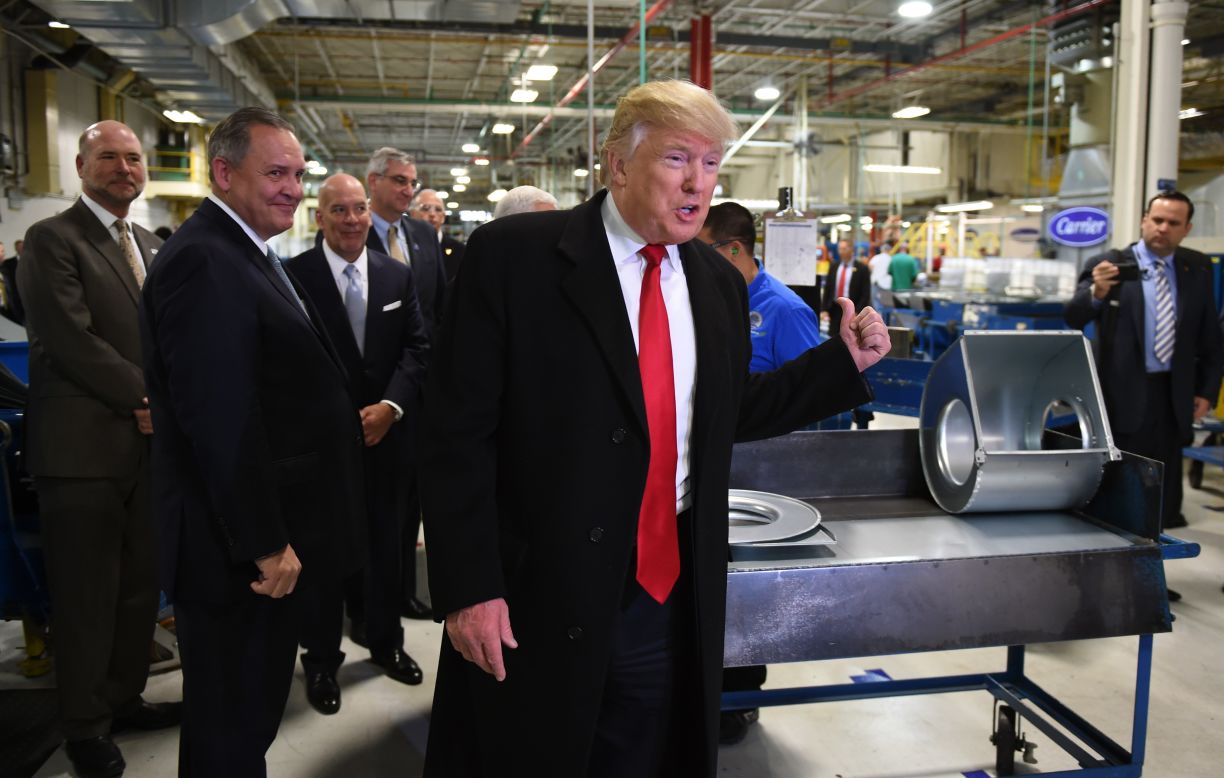 Trump visits the Carrier air-conditioning company in Indianapolis on Thursday, December 1. <a href="http://money.cnn.com/2016/12/01/news/companies/donald-trump-carrier-jobs/index.html" target="_blank">Carrier announced</a> that it had reached a deal with Trump and Vice President-elect Mike Pence, who is currently governor of Indiana, to keep about 1,000 of 1,400 jobs at its Indianapolis plant rather than move them to Mexico. The Carrier plant had been a theme of Trump's campaign promise to prevent more jobs from being outsourced to other countries.