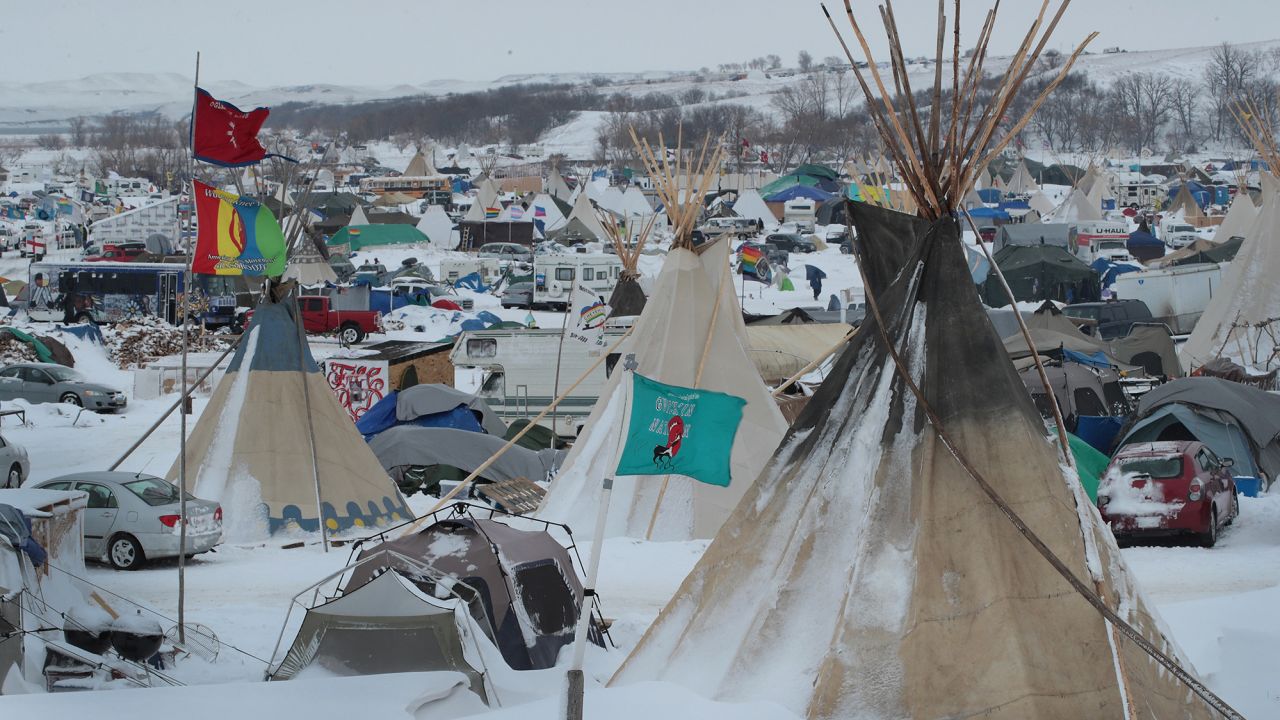 Snow covers Oceti Sakowin Camp near the Standing Rock Sioux Reservation on November 30, 2016 outside Cannon Ball, North Dakota. 