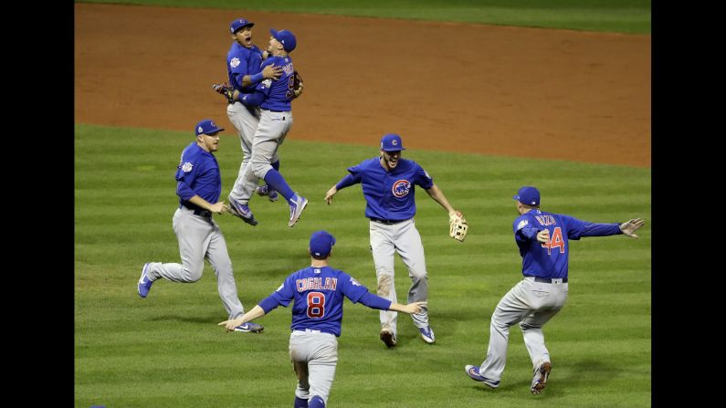 The Chicago Cubs celebrate after <a href="index.php?page=&url=http%3A%2F%2Fwww.cnn.com%2F2016%2F11%2F02%2Fsport%2Fworld-series-game-7-chicago-cubs-cleveland-indians%2F" target="_blank">winning Game 7 of the World Series</a> on Thursday, November 3. The Cubs defeated the Cleveland Indians in 10 innings to end the longest championship drought in major US sports. The Cubs hadn't won the World Series since 1908.