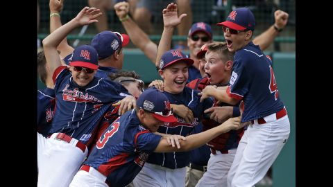 Little League baseball players from Maine-Endwell, New York, celebrate after they beat a team from South Korea to win the Little League World Series on Sunday, August 28. It's the first American team to win the competition since 2011.