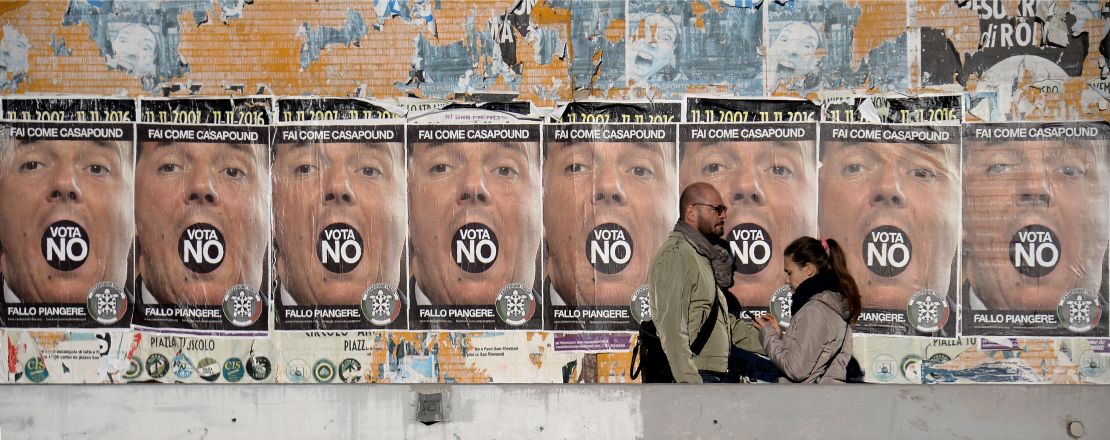 People walk past posters for far-right political movement CasaPound, which is calling for a "No" vote.