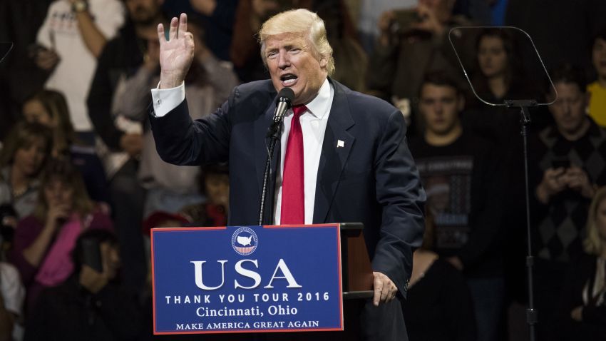President-elect Donald Trump speaks during a stop at U.S. Bank Arena on December 1, 2016 in Cincinnati, Ohio.