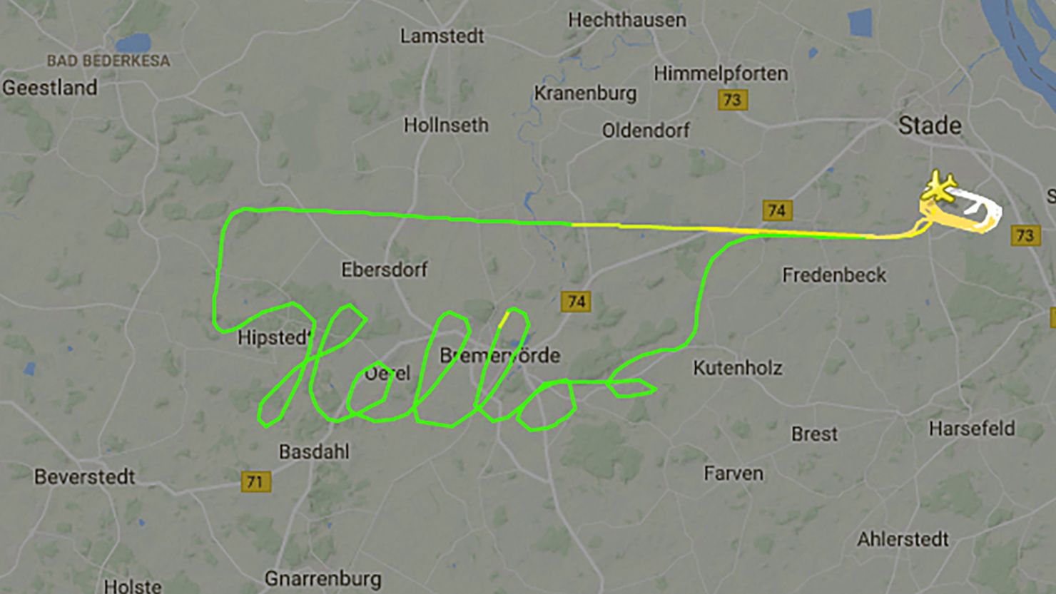 Aircraft path over Germany spells hello on radar, as captured by Flightradar24