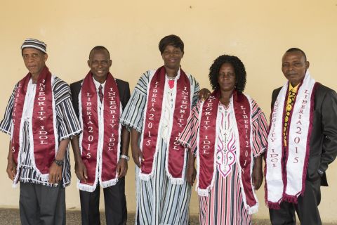 The five finalists of Integrity Idol Liberia 2015, a reality show that celebrates honesty in public service and has tens of thousands voting for their favored nominees. 