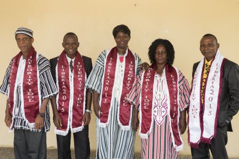 The five finalists of Integrity Idol Liberia 2015, a reality show that celebrates honesty in public service and has tens of thousands voting for their favored nominees.