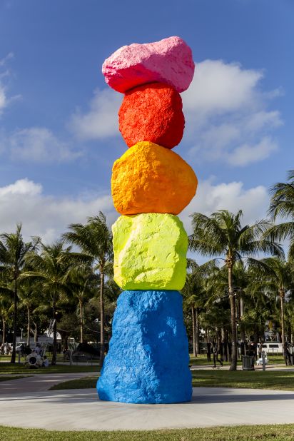 Ugo Rondinone's mountains were inspired by "hoodos," rock formations of North American badlands. Citing the overabundance of green in the Miami landscape, he omitted the color from his stack. "It's the first mountain in Miami," he jokes. 