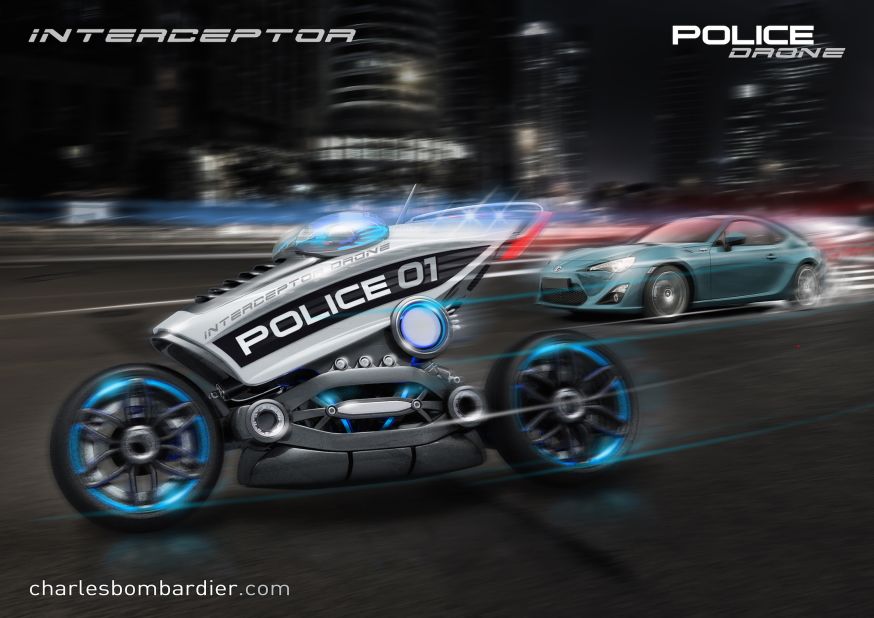 The Interceptor is a superbike that is part of a future of driverless police drones, imagined by conceptual designer Charles Bombardier. One single police officer could supervise five Interceptor units, which would monitor cities 24/7 while issuing tickets to any offenders via mobile apps. 
