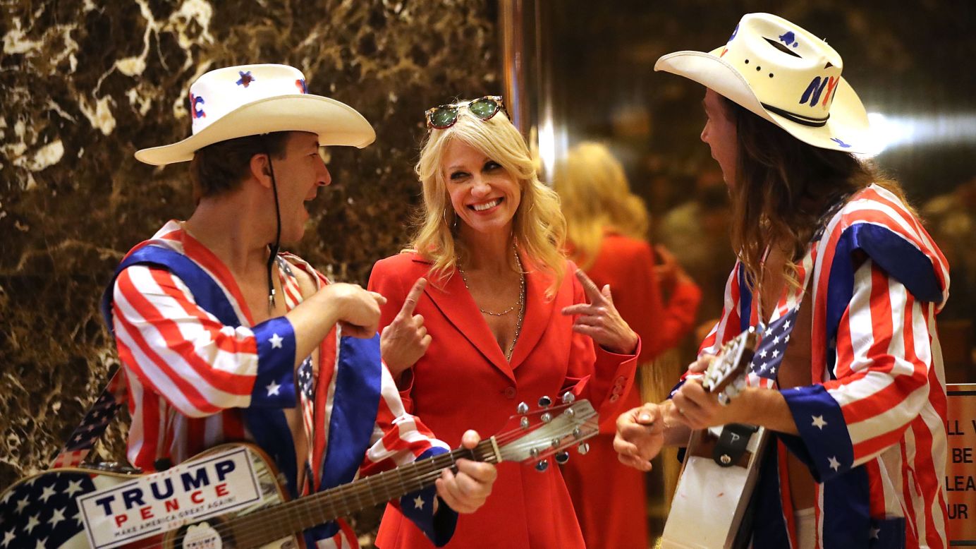 Donald Trump aide Kellyanne Conway speaks with performers at Trump Tower on November 28, in New York City.