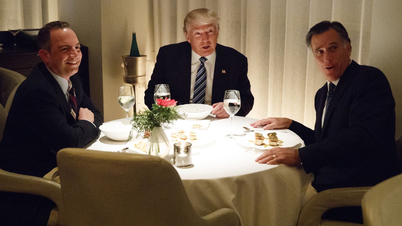President-elect Donald Trump, center, <a href="http://www.cnn.com/2016/11/30/politics/donald-trump-transition-mitt-romney/index.html" target="_blank">eats dinner with Mitt Romney</a>, right, and Trum's Chief of Staff pick Reince Priebus at Jean-Georges restaurant on November 29 in New York. Romney's name has been floated as a potential Secretary of State pick.