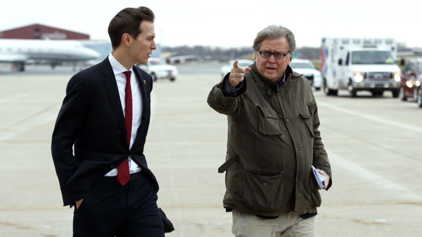 <a href="http://www.cnn.com/2016/06/20/politics/donald-trump-jared-kushner/" target="_blank">Jared Kushner</a>, President-elect Donald Trump's son in-law, left, walks with Trump's <a href="http://www.cnn.com/2016/11/10/politics/steve-bannon-trump-chief-of-staff/" target="_blank">Chief Strategist Stephen Bannon</a> at Indianapolis International Airport, on Thursday, December 1.