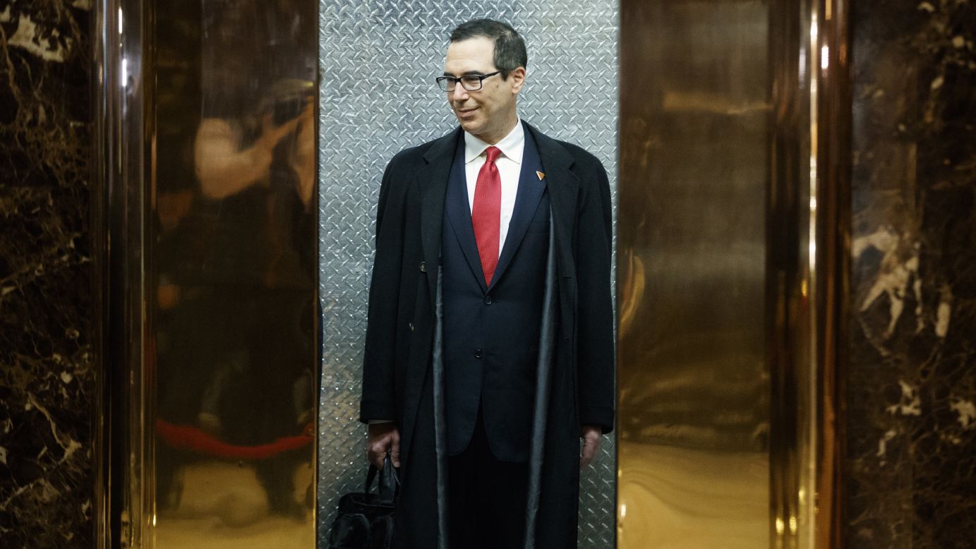 Steven Mnuchin, President-elect Donald Trump's <a href="http://money.cnn.com/2016/11/29/news/economy/donald-trump-steven-mnuchin-treasury/" target="_blank">nominee for Treasury Secretary</a>, waits in an elevator at Trump Tower after speaking with reporters on Wednesday, November 30. 