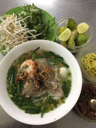 The rice noodles in hu tieu Nam Vang are thinner and more delicate than pho noodles, while the broth is made with pork bone. It's dressed with shrimp, pork liver, quail egg and green onion.