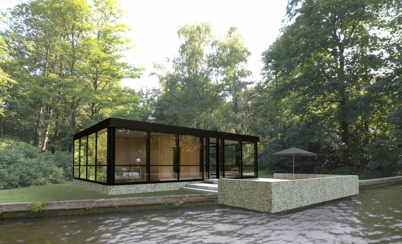 The "Modular Glass House" was inspired by the original Glass House, designed seventy years ago by Philip Johnson as his home in Connecticut.