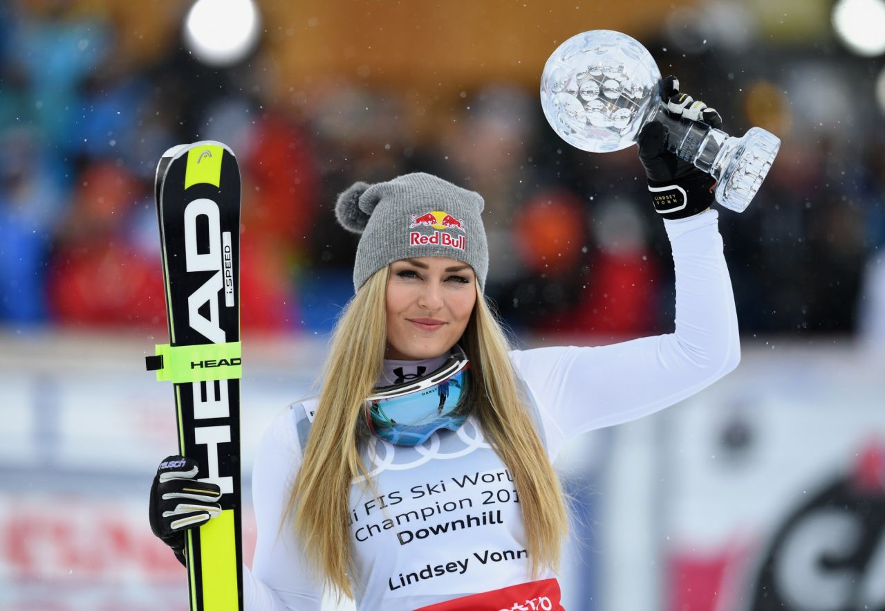 Lindsey Vonn clinched her eighth World Cup downhill title for a record 20th crystal globe in 2016 despite missing the end of the season to recover from a hairline fracture of her left knee.