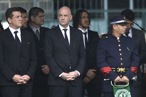 FIFA president Gianni Infantino attends the funeral of the members of the Chapecoense team killed in a plane crash in Colombia.