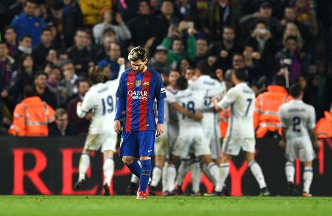 Lionel Messi is crestfallen after Real Madrid equalizes late in the Camp Nou. 