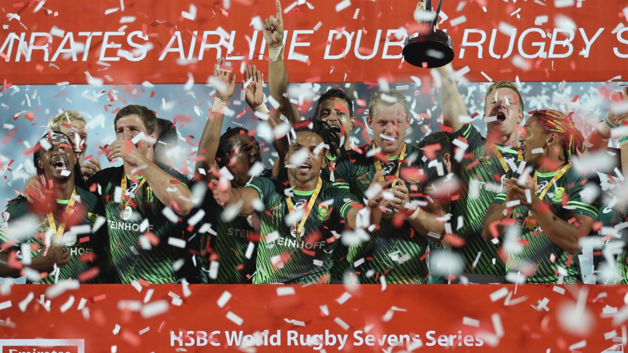 South Africa players celebrate after winning the Dubai Sevens with a 26-14 win over Fiji.