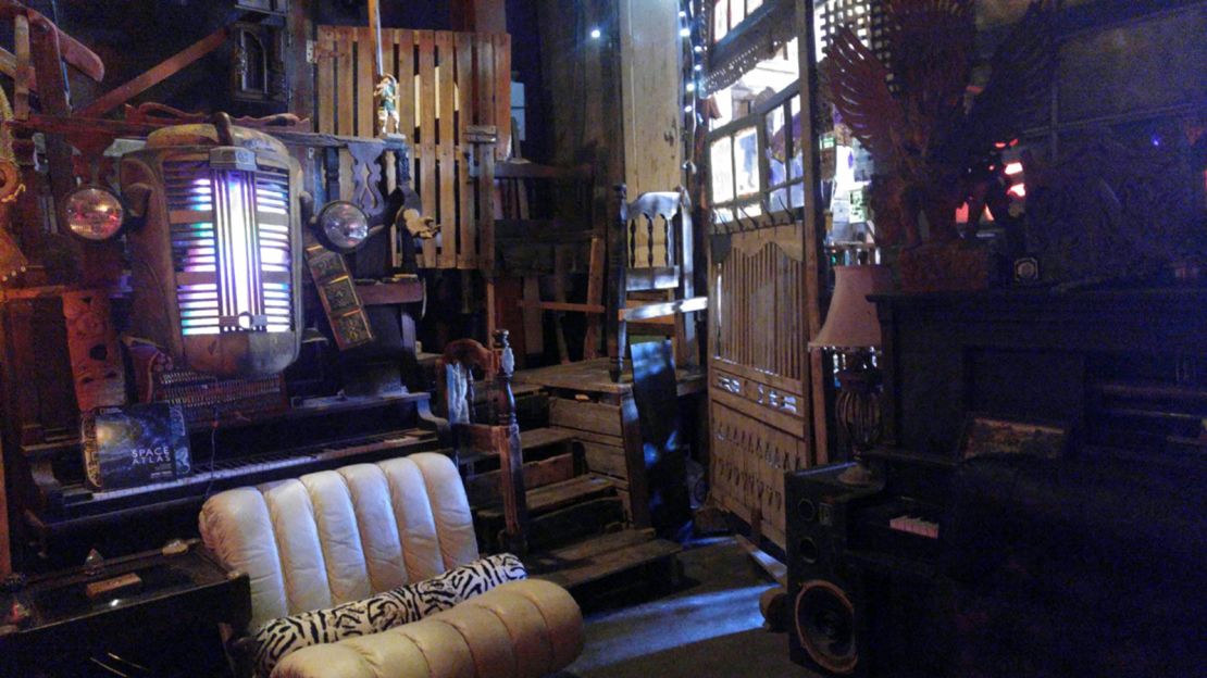The interior of The Ghost Ship was crammed with furniture and supplies. 