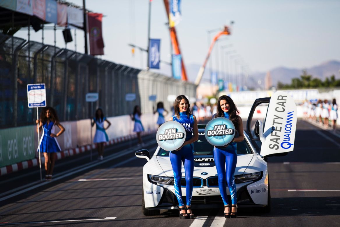 Grid girls holding Fan Boost placards at the Marrakech ePrix -- the second race of the 2016/17 world championship.  