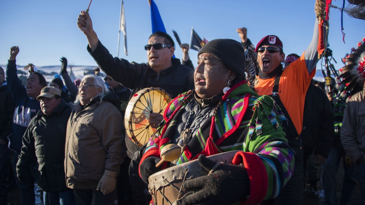 Activists celebrate at Oceti Sakowin Camp on December 4. An executive order by President Donald Trump in January allows work to resume on the Dakota Access Pipeline, which the activists oppose.
