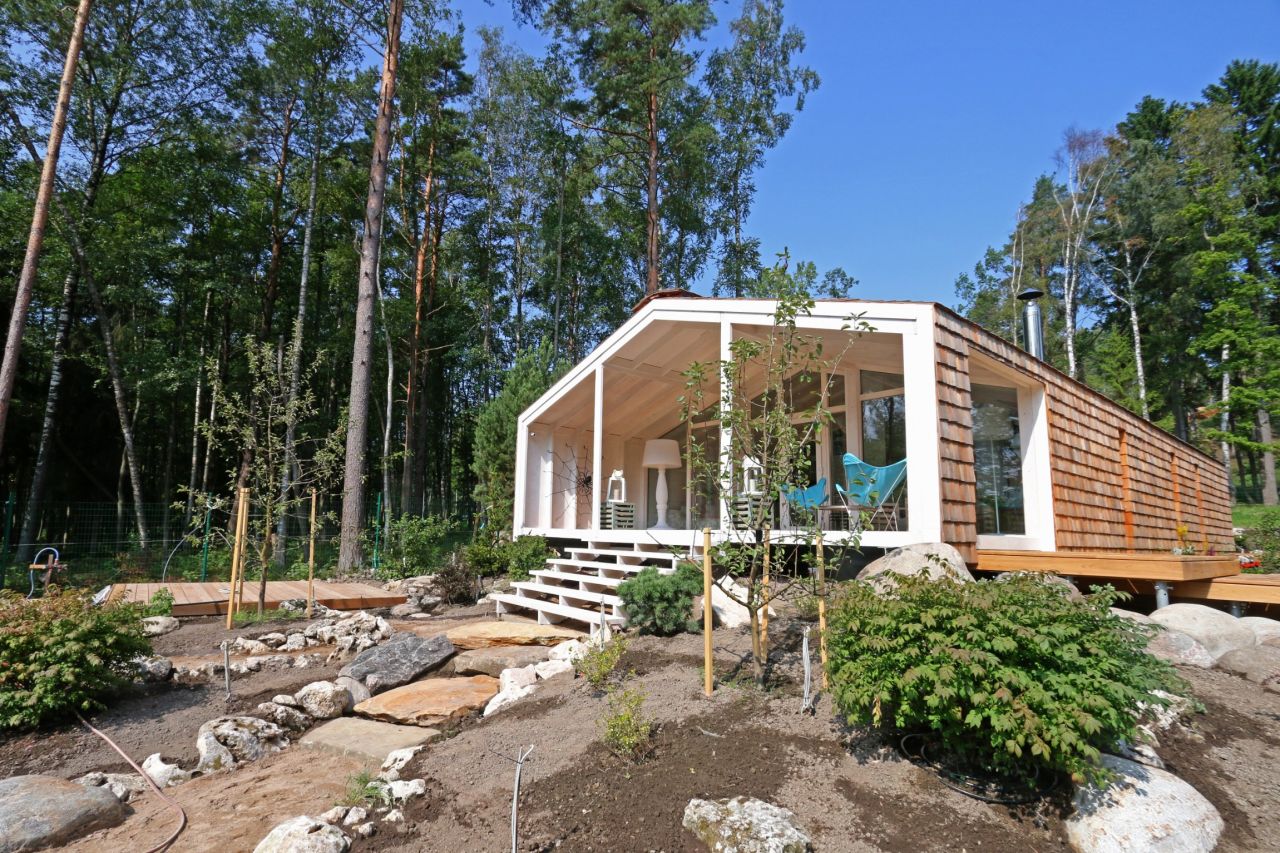 These modular cabins are fabricated just outside of Moscow and made entirely out of wood.