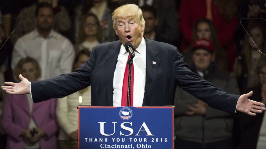 CINCINNATI, OH - DECEMBER 01: President-elect Donald Trump speaks during a stop at U.S. Bank Arena on December 1, 2016 in Cincinnati, Ohio. Trump took time off from selecting the cabinet for his incoming administration to celebrate his victory in the general election. (Photo by Ty Wright/Getty Images)