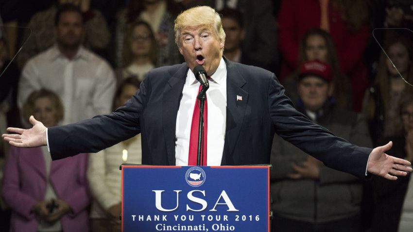 CINCINNATI, OH - DECEMBER 01: President-elect Donald Trump speaks during a stop at U.S. Bank Arena on December 1, 2016 in Cincinnati, Ohio. Trump took time off from selecting the cabinet for his incoming administration to celebrate his victory in the general election.  (Photo by Ty Wright/Getty Images)