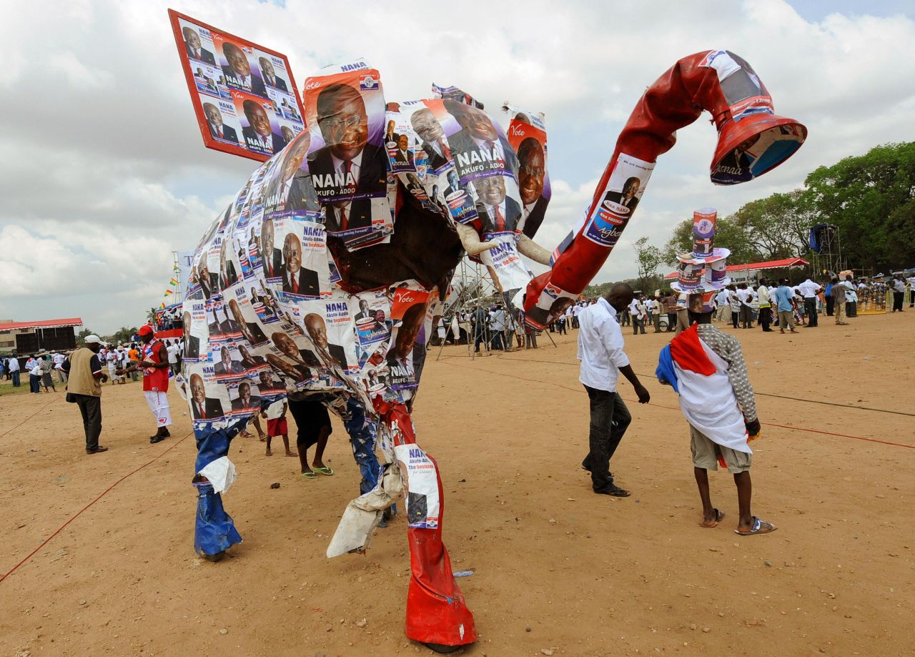 A dummy elephant decorated with banners of the presidential candidate of the ruling New Patriotic Party (NPP), during the final rally held by their presidential candidate Nana Akufo-Addo, in Accra on December 5, 2008.