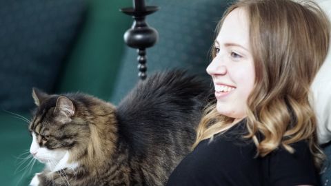 Prancer, Jasmin's Maine Coon cat, makes her smile.