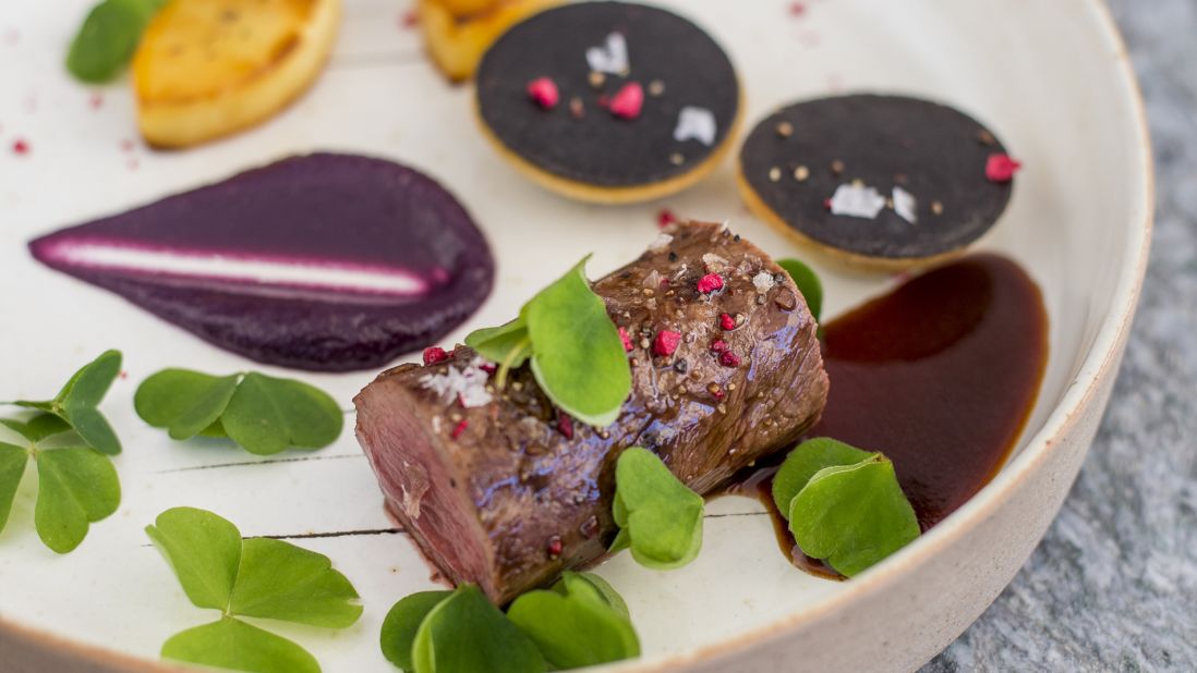 Flocons de Sel's chef Emmanuel Renault puts a creative twist on regional specialties -- this deer filets paired with blueberry and shallot puree, for example.