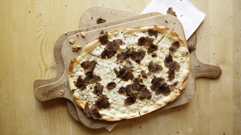 <strong>Truffle pizza:</strong> Renowned St. Moritz restaurateur Reto Mathis of <a target="_blank" target="_blank">CheCha Restaurant and Club</a> knocks out a signature truffle pizza or beef carpaccio with truffles Robespierre followed by pine tree ice cream and red currant compote.
