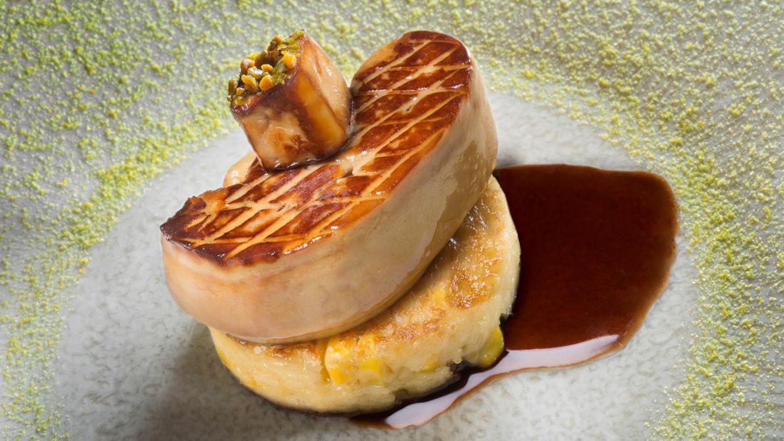 Foie gras on a sweetcorn pancake with St. Marcel honey and balsamic vinegar is a signature item at La Bouitte, one of the highest three Michelin-starred restaurants in the Alps.