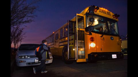 At 6:30 a.m., the bus arrives to take Daniel to school.