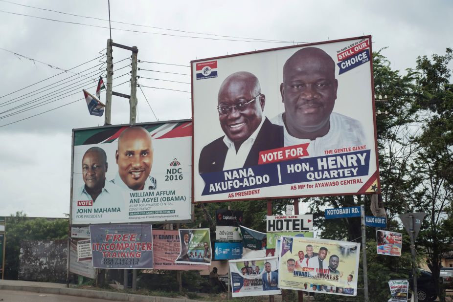 A picture taken in the streets of Accra showing campaign billboards of Ghana's two main political parties running in this years national election.