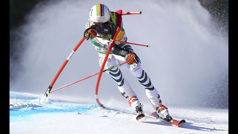 German skier Stefan Luitz crashes into a gate as he competes in the giant slalom at a World Cup event in Val d'Isere, France, on Sunday, December 4.