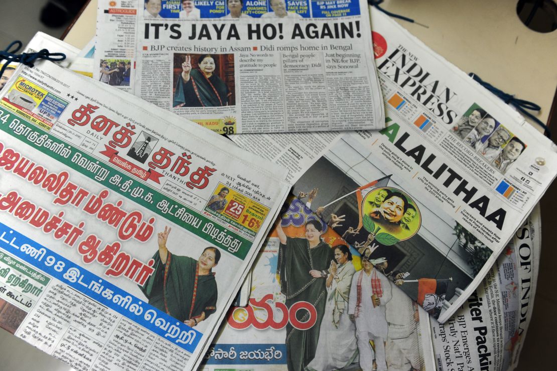 Indian newspapers show the election result victory for Jayalalithaa Jayaram in May 2016.