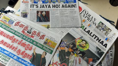 Indian newspapers show the election result victory for Jayalalithaa Jayaram in May 2016.