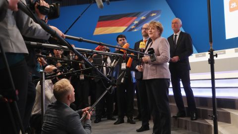 German Chancellor Angela Merkel delivers her opening statement at her party's annual federal congress on Monday in Essen.