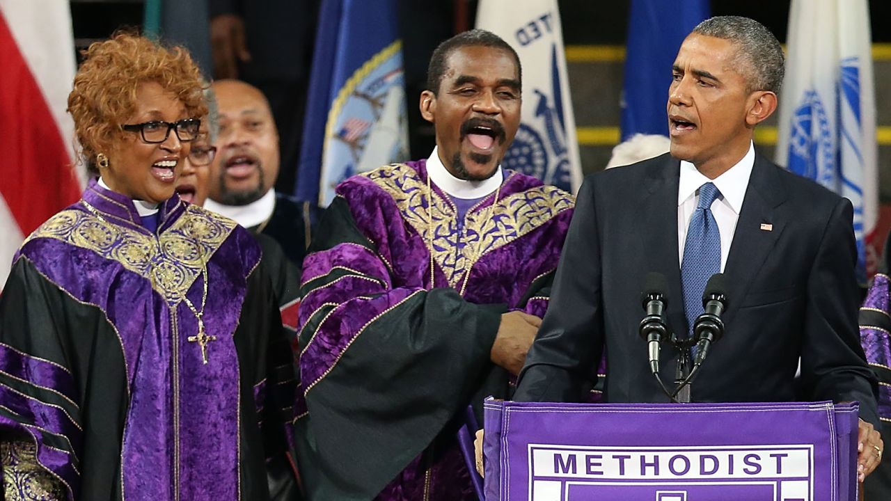 CHARLESTON, SC - JUNE 26:  U.S. President Barack Obama sings "Amazing Grace" as he delivers the eulogy for South Carolina state senator and Rev. Clementa Pinckney during Pinckney's funeral service June 26, 2015 in Charleston, South Carolina. Suspected shooter Dylann Roof, 21, is accused of killing nine people on June 17th during a prayer meeting in the church, which is one of the nation's oldest black churches in Charleston.  (Photo by Joe Raedle/Getty Images)