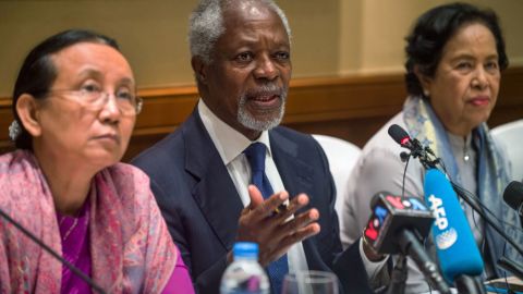 Former UN secretary-general Kofi Annan, head of the nine-member multi-sector advisory commission on Myanmar's Rakhine State, delivers his address at a press conference in Yangon on December 6.