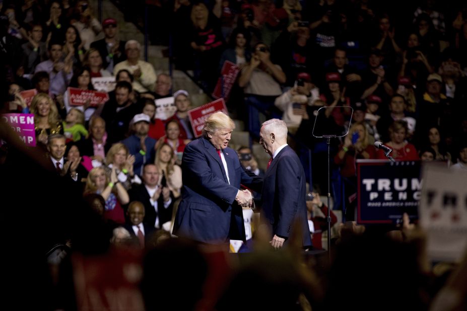 Trump greets retired Marine Gen. James Mattis at a rally in Fayetteville, North Carolina, on Tuesday, December 6. Trump said <a href="http://www.cnn.com/2016/12/01/politics/james-mattis-trump-secretary-of-defense/" target="_blank">he would nominate Mattis</a> as his defense secretary.