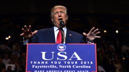 US President-elect Donald Trump speaks at the Crown Coliseum in Fayetteville, North Carolina on December 6, 2016 during his USA Thank You Tour.