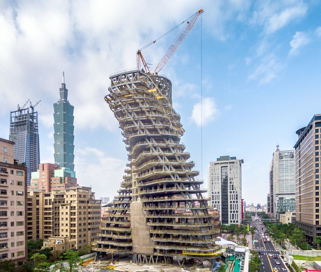 vincent callebaut's carbon-absorbing tower nears completion in taipei