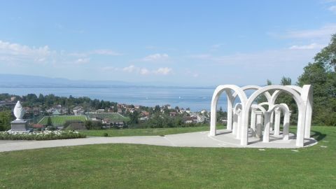 The Virgin Mary statue sits on public land in a park overlooking Lake Geneva. 