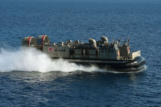 A Japanese LCAC (Landing Craft Air Cushion) hovercraft from the Japan Maritime Self-Defense Force ship JS Hyuga during the Dawn Blitz 2015 exercise off the coast of Southern California on September 3, 2015. Japan is developing amphibious forces that can retake Pacific islands.